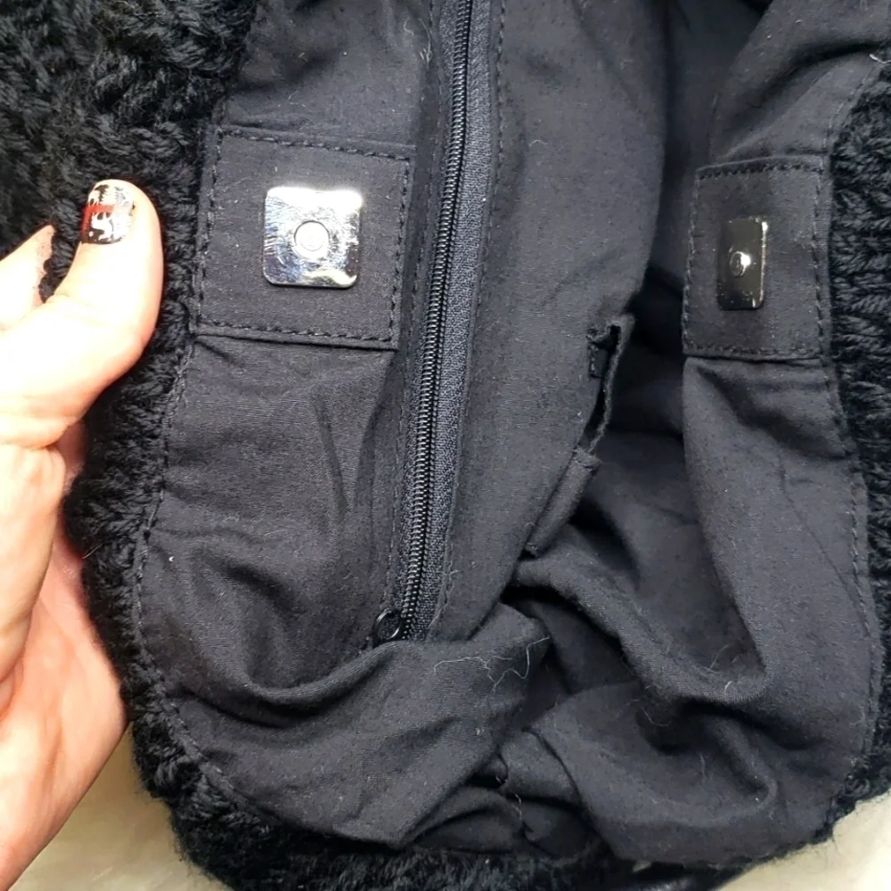 Vintage Sweater cable knit bag purse black pom pom